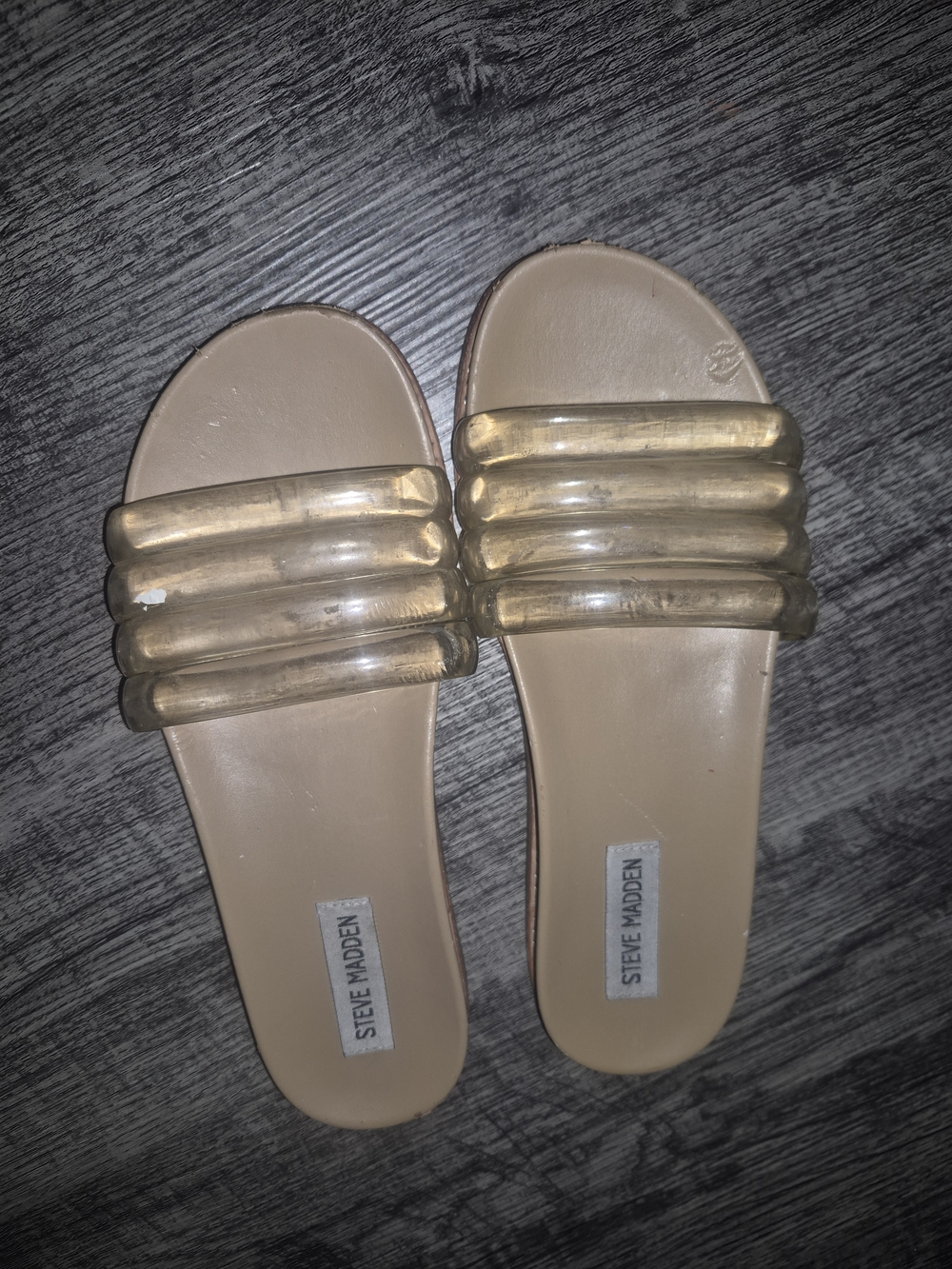 Steve Madden Clear Gold Ribbed Band Slide Sandals